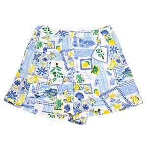 J. Crew Women's Artsy Lemon Print Pleated Shorts Linen Blend Elastic Waist Sz 12